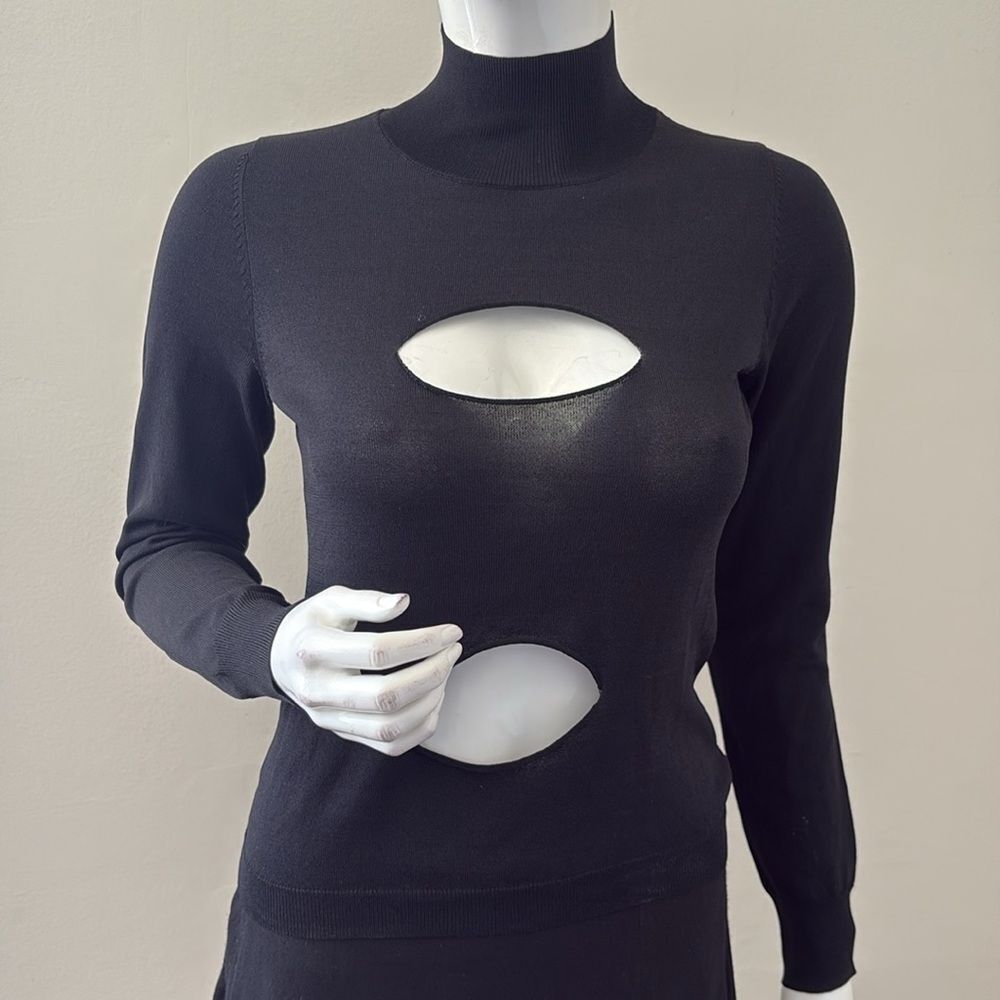 Miaou Eros Black Cutout Long Sleeve Thin Knit Mock Neck Sweater Top - Picture 8 of 8